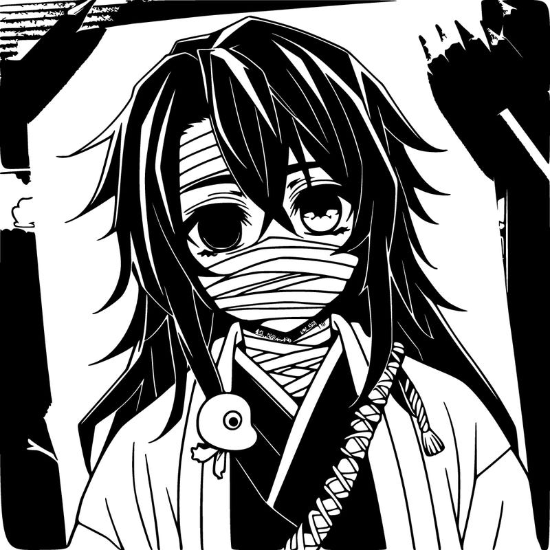 a boy with black hair that reaches to his shoulders, one eye is yellow and the other green-turquoise. wears bandages around his mouth, a small white snake is wrapped around his neck, wears a black top and black pants, and a white and black striped jacket, on his hip is a katana