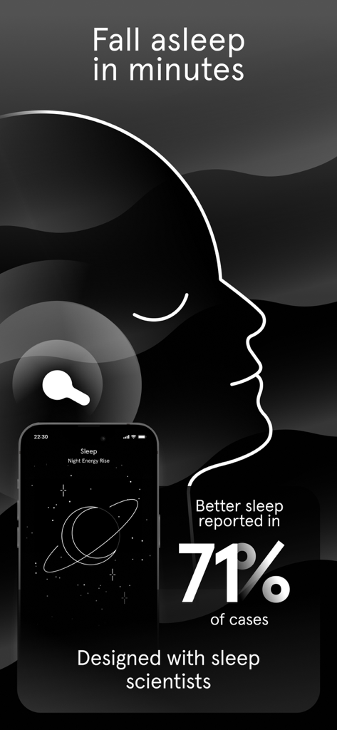 Endel app screenshot showing sleep soundscape features with a 71 percent effectiveness statistic and a person falling asleep with earbuds.