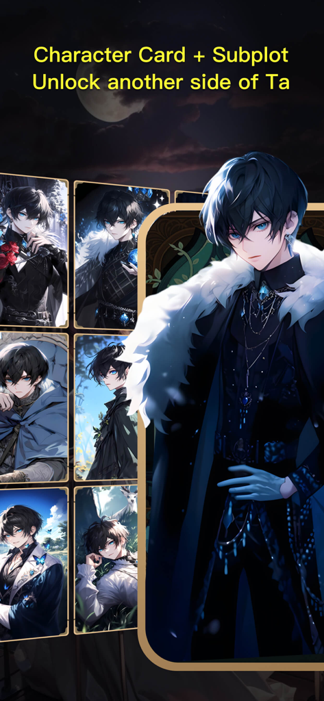 Anime male character cards for unlocking subplots in COSAI AI Roleplay Chat.
