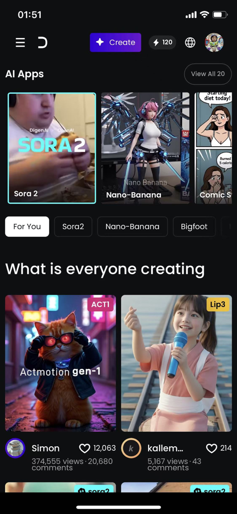 Interfaz de la aplicación móvil DIGEN que muestra herramientas de creación de vídeo con IA y un feed comunitario de contenido generado.