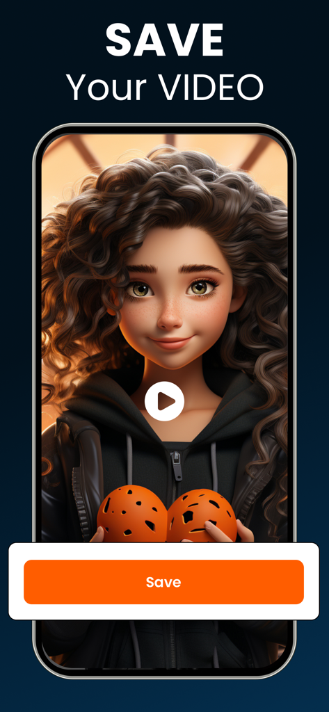 AI Video & Image Generator® - Smartphone screen showing an AI generated animated character with a large orange save button for the video content.