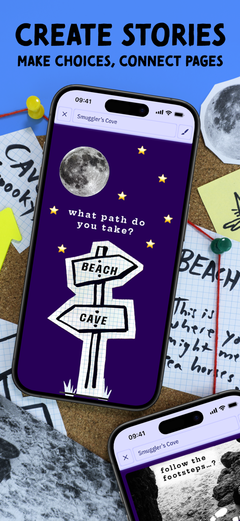 Downpour — make a game - A mobile interface for the Downpour app showing a branching story path with choices for beach or cave on a creative purple background.