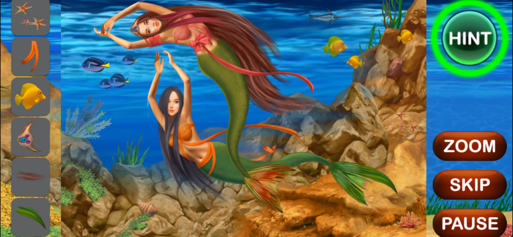 Mermaid Hidden Objects - Gameplay screenshot of Mermaid Hidden Objects showing two mermaids swimming among fish with a list of hidden items to find