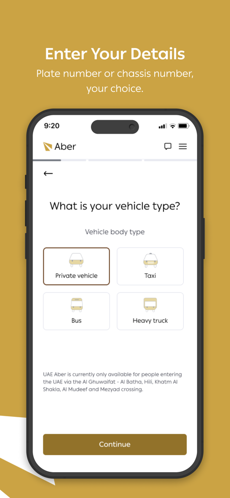 A mobile app interface from UAE Aber showing options to select a vehicle type from private vehicle, taxi, bus, and heavy truck.