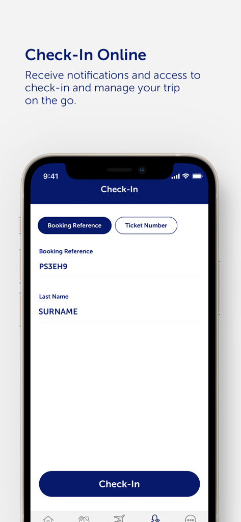 Fly Airlink app online check-in screen on a smartphone showing booking reference and last name fields