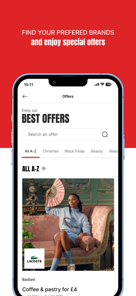 Westfield shopping app screen showing special brand offers and deals