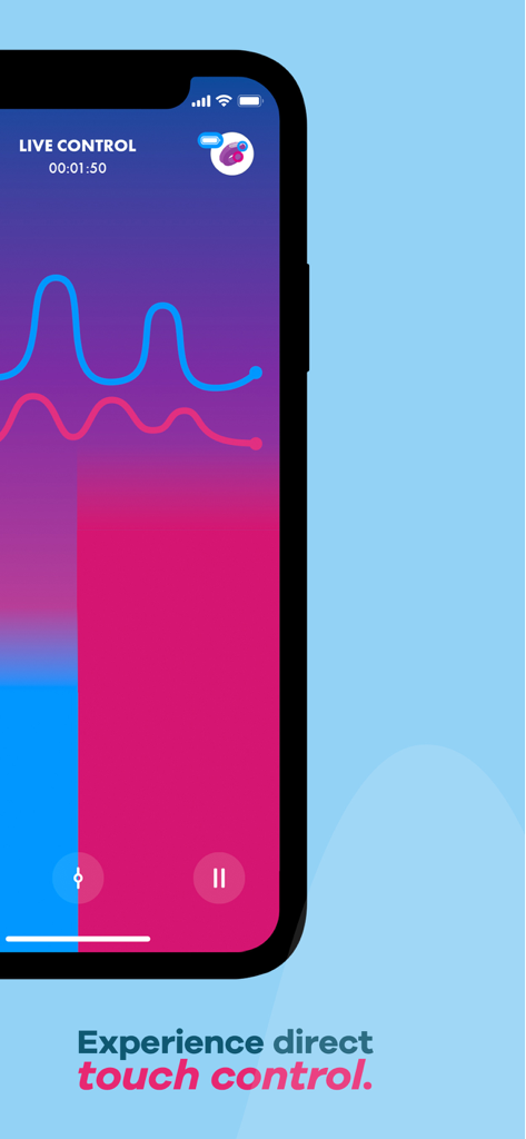 Satisfyer Connect - Satisfyer Connectアプリのインターフェース。触覚波形パターンとセッションタイマーを備えたライブタッチコントロールを表示。