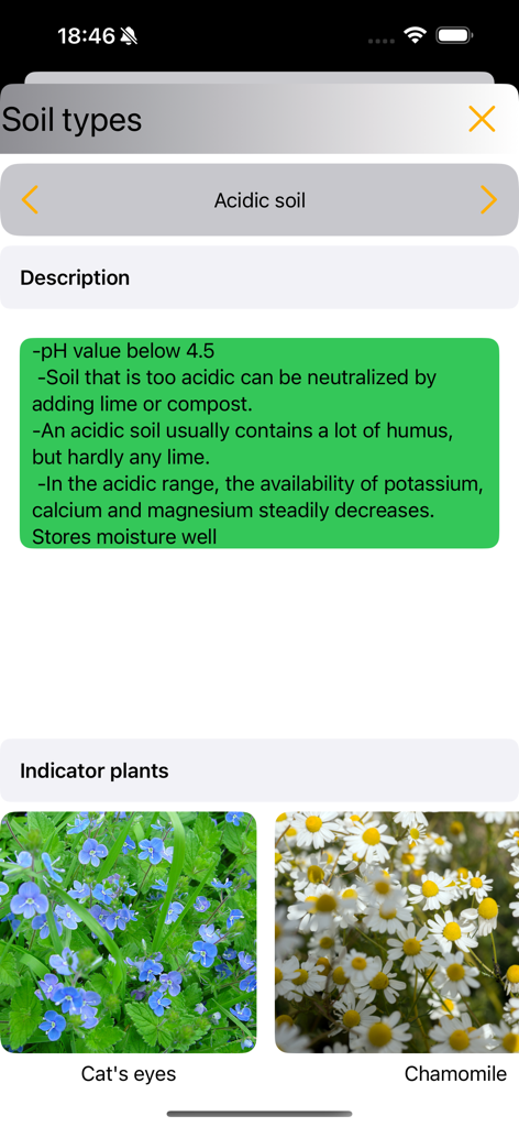 My garden journal - Informational screen from My garden journal app explaining acidic soil characteristics and showing indicator plants like chamomile.