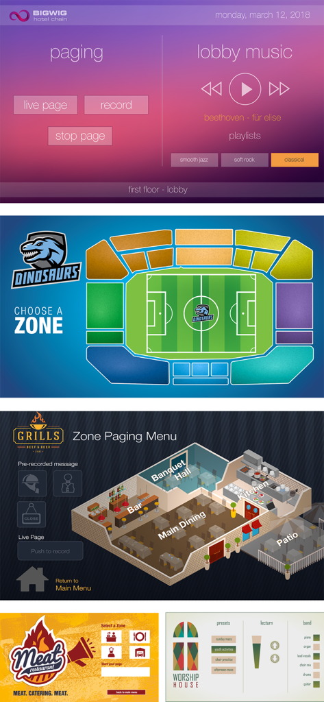 A collection of custom user control interfaces for hotels stadiums and restaurants within the Q-SYS UCI Viewer app