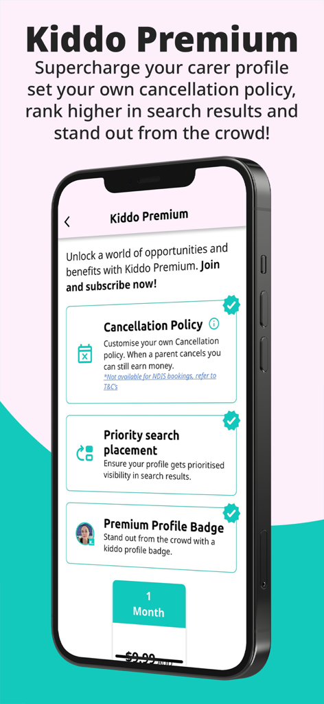 Kiddo App - Kiddo Premium app screen showing carer benefits like priority search placement and custom cancellation policies
