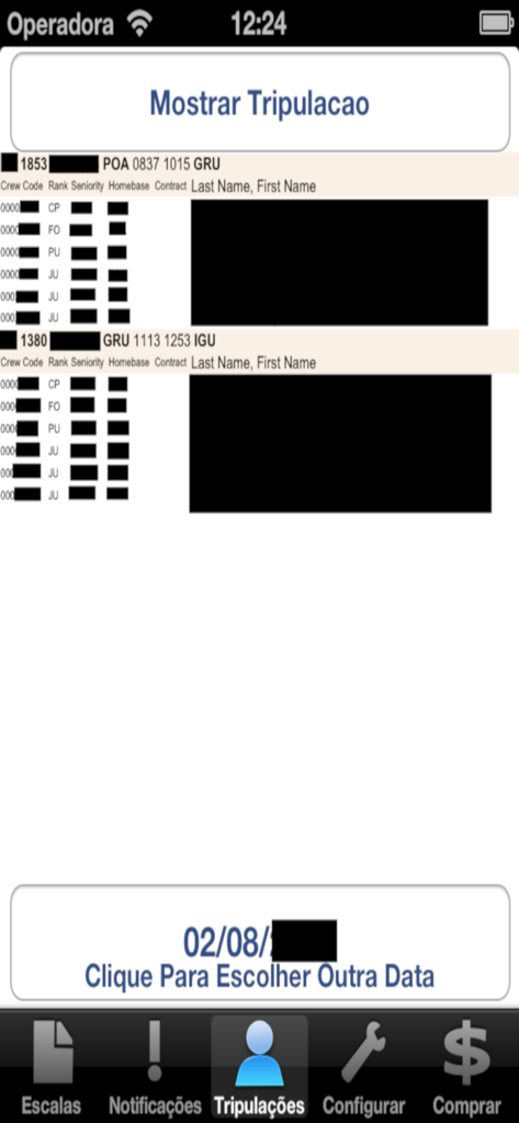 CrewLink Manager - Captura de tela do aplicativo móvel CrewLink Manager exibindo uma lista detalhada de membros da tripulação da companhia aérea e suas funções para voos específicos