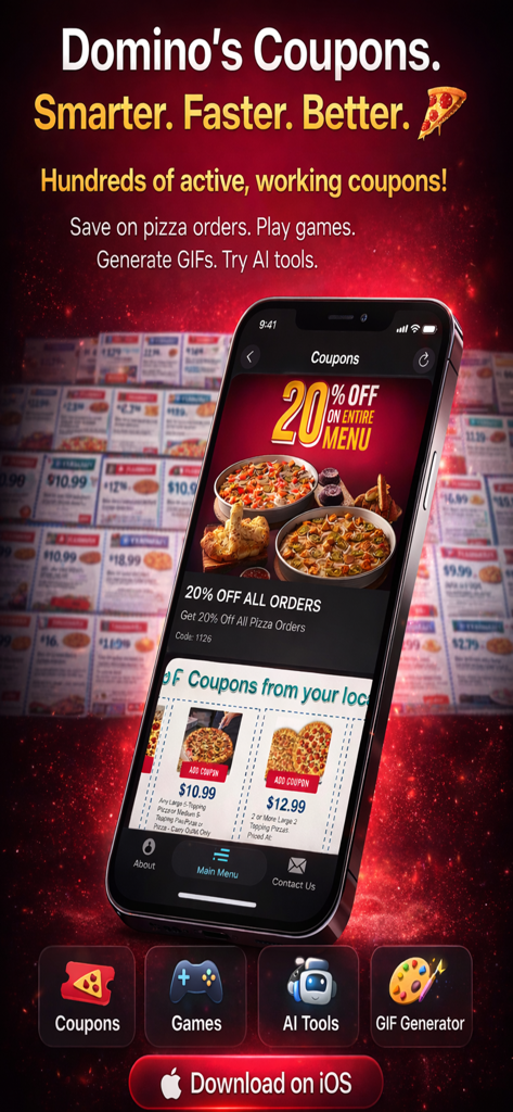 Oberfläche der Coupons für Dominos Pizza App mit einem 20-Prozent-Rabattangebot und Unterhaltungsfunktionen wie Spielen und KI-Tools