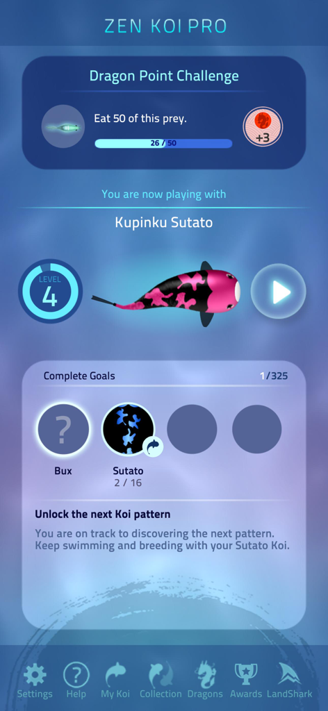 Menu do jogo mobile Zen Koi Pro mostrando um peixe carpa rosa e preto e um objetivo de desafio de pontos de dragão