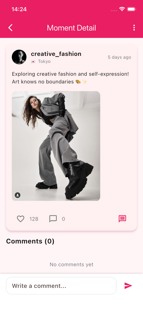 Quin - Chat & Community - Vista detallada de un momento compartido en la aplicación Quin con una publicación de moda de Tokio.