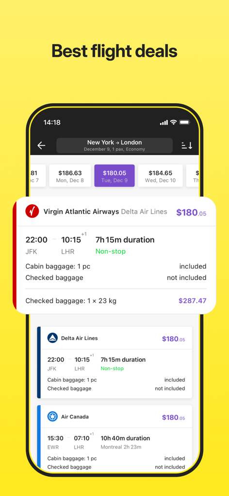 OneTwoTrip Flights and Hotels - OneTwoTrip mobile App zeigt Flugangebote von New York nach London mit Flugpreisen und Gepäckdetails