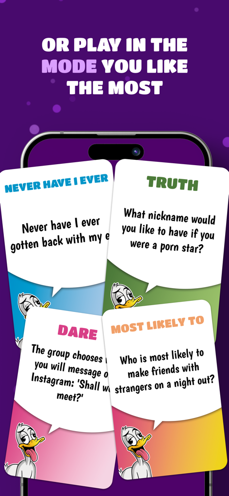 A screenshot showing different game modes like Truth, Dare, and Never Have I Ever in the La Guatoca app.