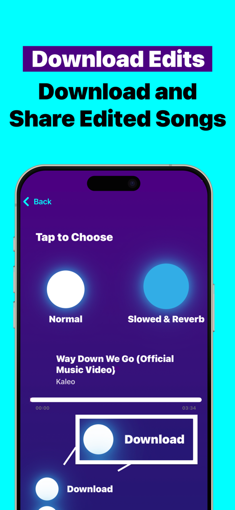 Slowed and Reverb Player | SR - Interface of the Slowed and Reverb Player app showing the download and share edits screen with audio mode selection