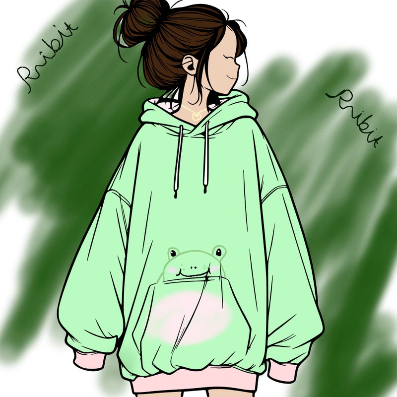 realistic girl with a oversized sweatshirt on and a bun