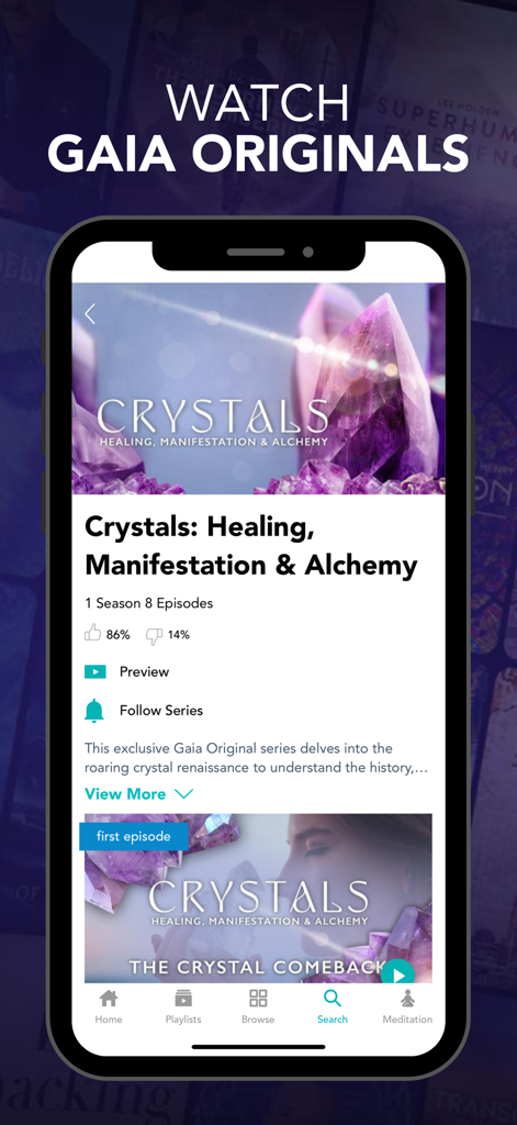 Gaia: Streaming Consciousness - Gaia app displaying a documentary series about crystal healing and manifestation