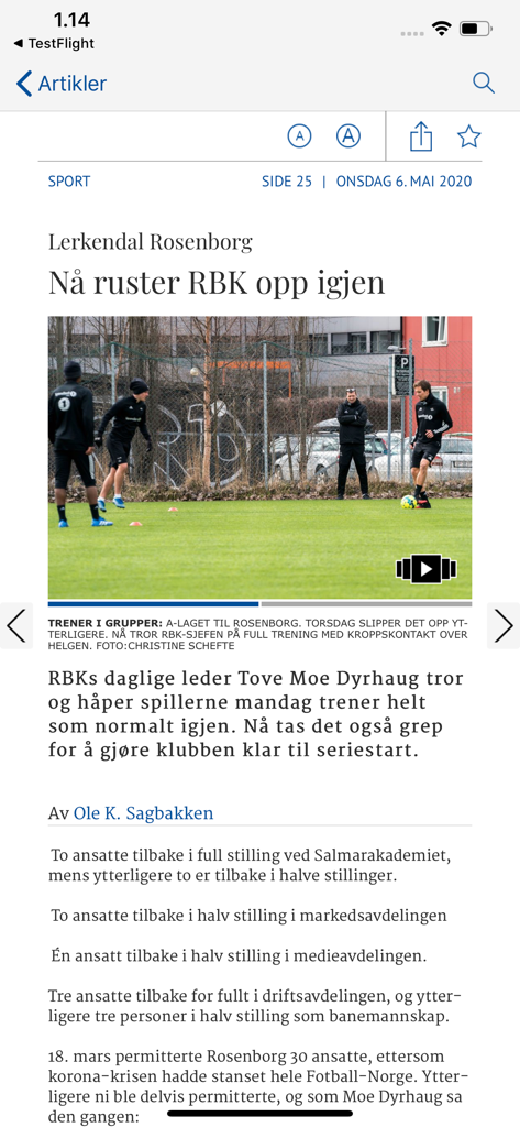 Adresseavisen eAvis - A sports news article about the Rosenborg football team in the Adresseavisen eAvis app
