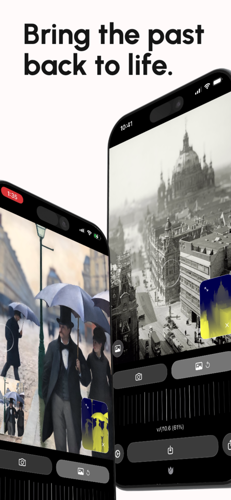 Interfaccia dell'app che mostra la mappatura della profondità e la rimessa a fuoco su fotografie vintage in bianco e nero