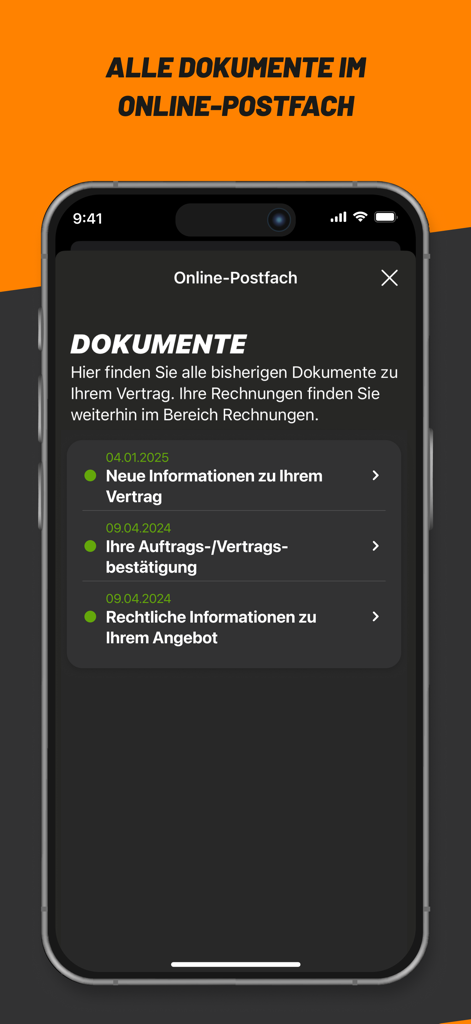 Pantalla de la bandeja de entrada en línea de la aplicación klarmobil con documentos de contrato y legales