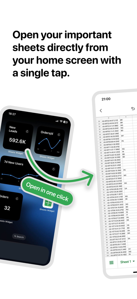 iPhone home screen with widgets that open Google Sheets in one click