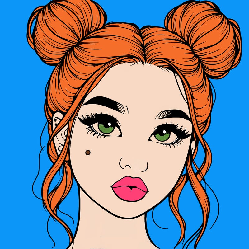 realistic girl with two buns on her hair and lips