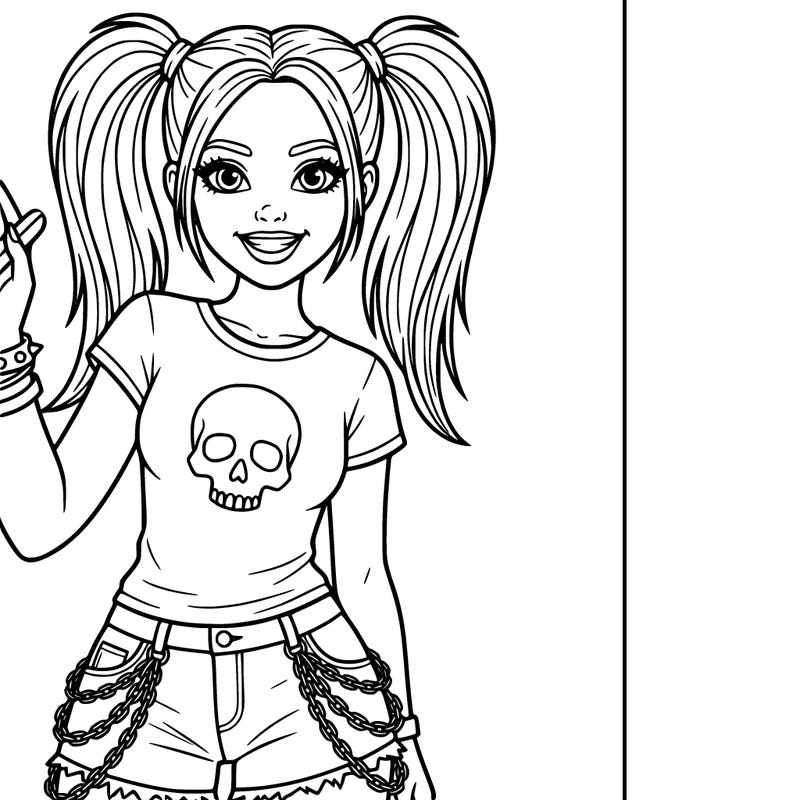 cute girl with goth clothes with chains on the shorts and skull top