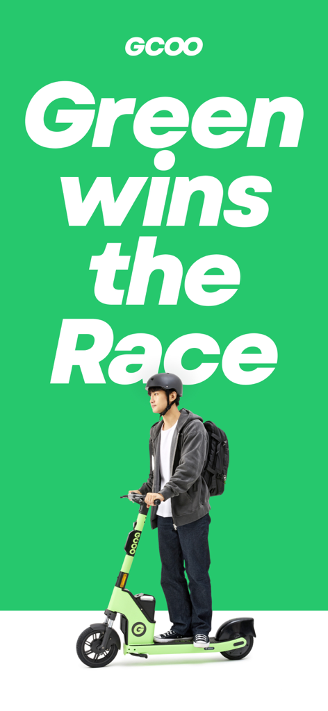 A young man riding a green GCOO electric scooter with the slogan Green wins the Race