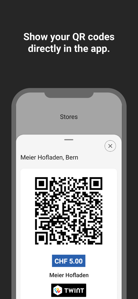 TWINT Business Portal - TWINT Business Portal App-Bildschirm mit einem Zahlungs-QR-Code für ein Kleinunternehmen
