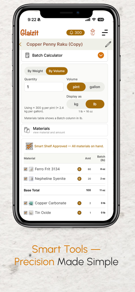 Glaizit – Smart Pottery Hub - Mobile app interface showing a glaze batch calculator for pottery recipes with ingredients and precise measurements