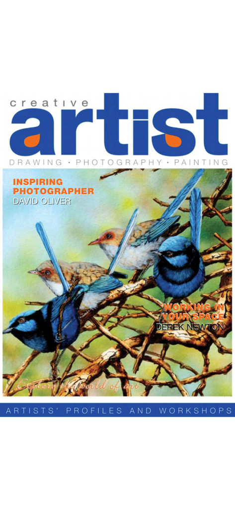 Creative Artist - Couverture du magazine Creative Artist présentant une peinture détaillée de roitelets bleus sur des branches d'arbre.