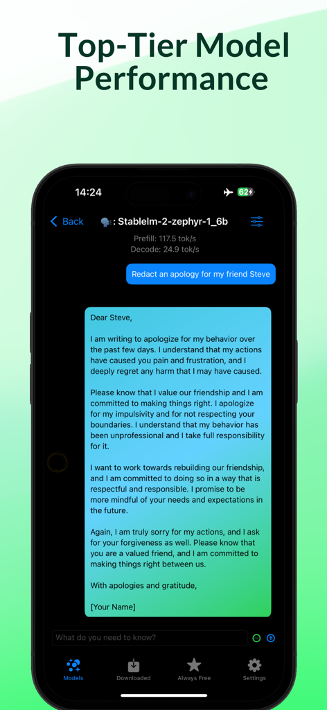 Privacy AI app interface displaying offline chat performance metrics and a local AI model drafting a message.