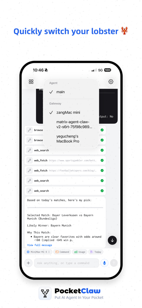PocketClaw - Remote AI Agent - La aplicación PocketClaw muestra un menú de selección para agentes de IA y puertas de enlace remotas como MacBook Pro y Mac mini.