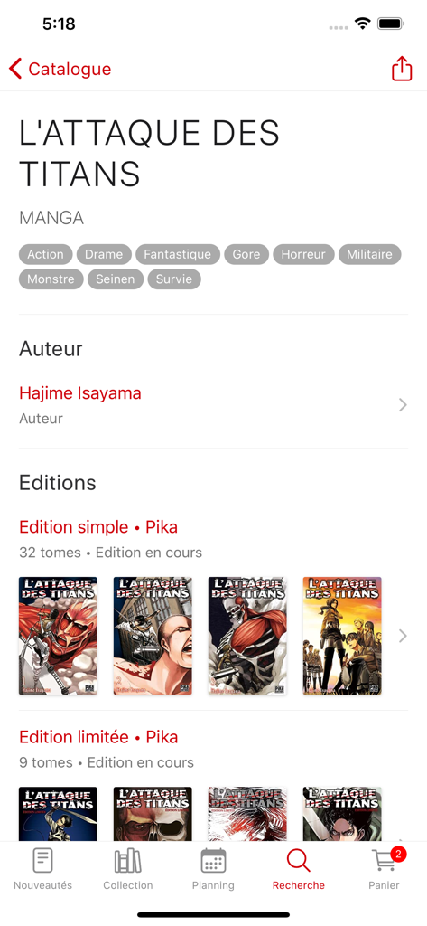 Mangacollec - Mangacollecアプリに表示された『進撃の巨人』のマンガシリーズの詳細とエディション