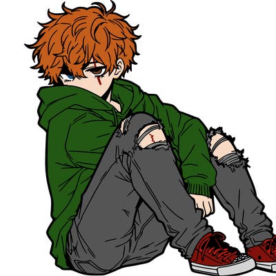 a male hoddie ripped jeans messy hair anime