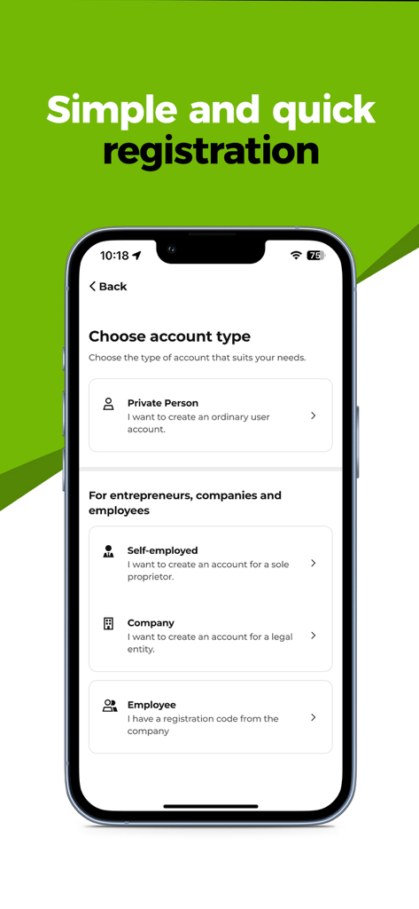 CAR4WAY carsharing - Registration screen for CAR4WAY carsharing app showing account type options for private and business users