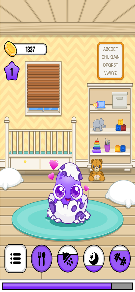 Moy 6 - Virtual Pet Game - A purple virtual pet hatching from a spotted egg in a nursery room.