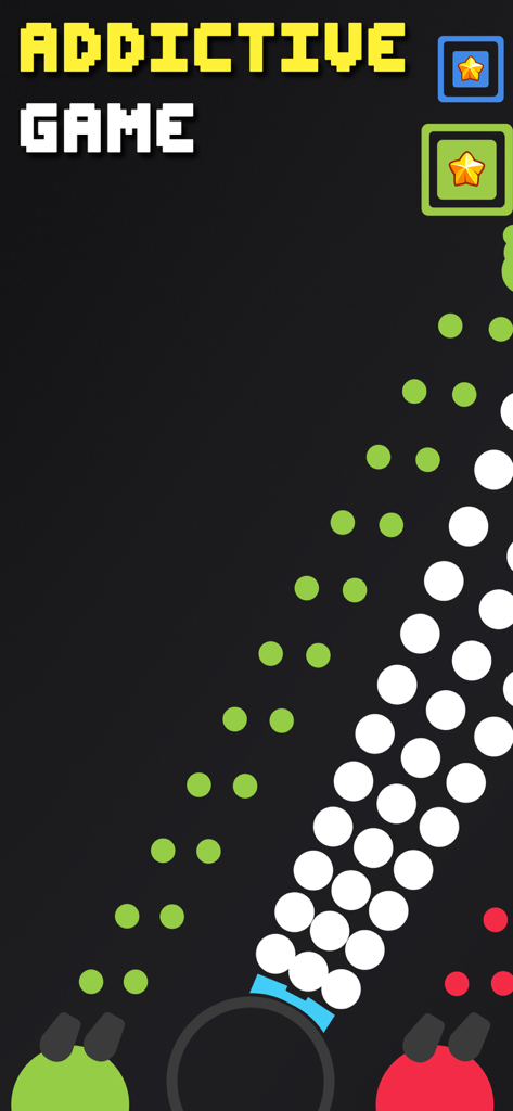 Addictive gameplay of Idle Bubbles Cannon showing cannons firing white and green balls on a dark background