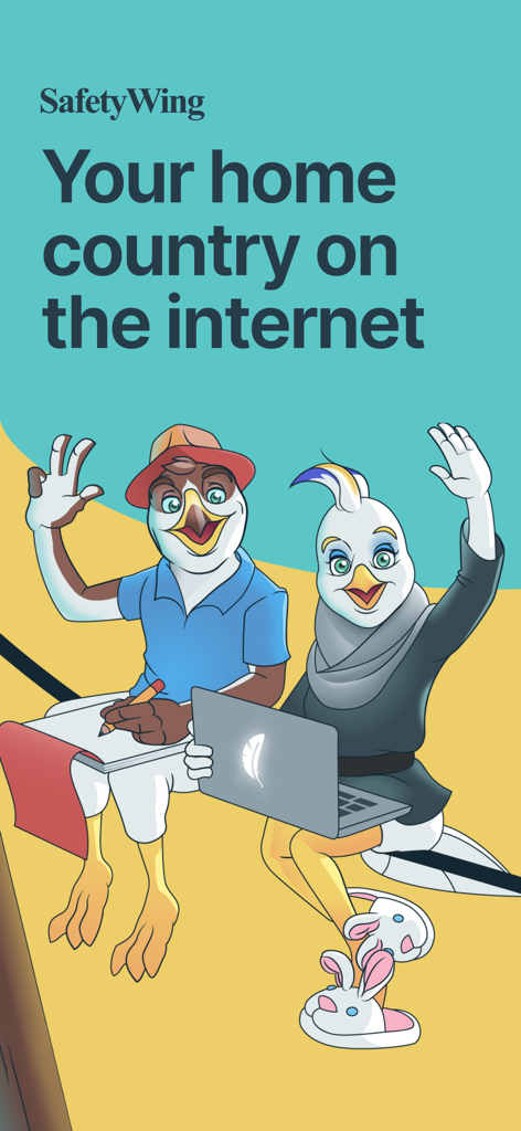 SafetyWing - SafetyWing app welcome screen featuring digital nomad bird characters and the slogan Your home country on the internet
