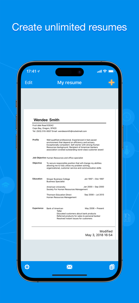 Quick Resume Pro - Interface of Quick Resume Pro app on iPhone displaying a sample resume for Wendee Smith