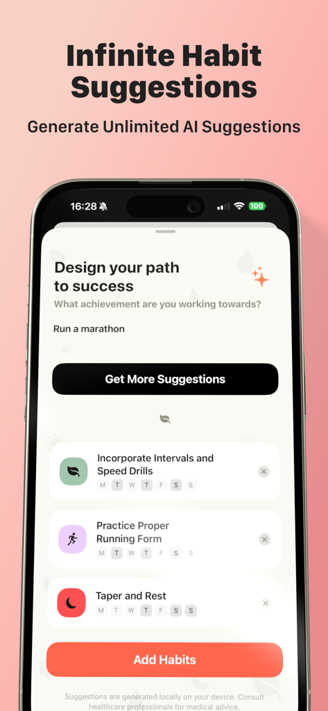 Happits: Local AI Habits - Screenshot of Happits app showing local AI habit suggestions for a marathon training goal