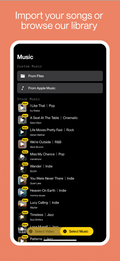Spool - Music Video Editor - Pantalla de selección de música en la app Spool mostrando opciones para importar canciones desde archivos o explorar una biblioteca de música de stock curada por género