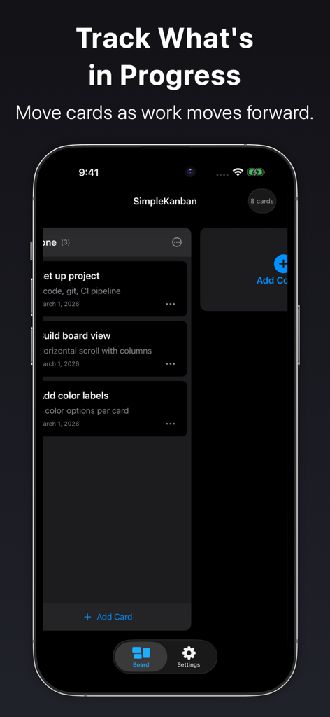 SimpleKanban: Tasks Board - Aplicativo SimpleKanban no iPhone exibindo um quadro de projetos em modo escuro com cartões de tarefas