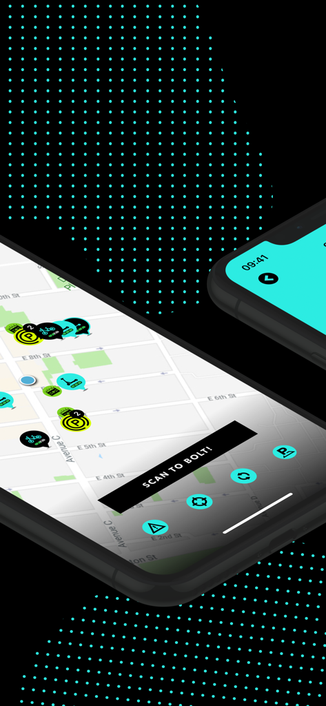 Map view in the Gotcha Technologies app displaying nearby bike and scooter locations with a Scan to Bolt button.