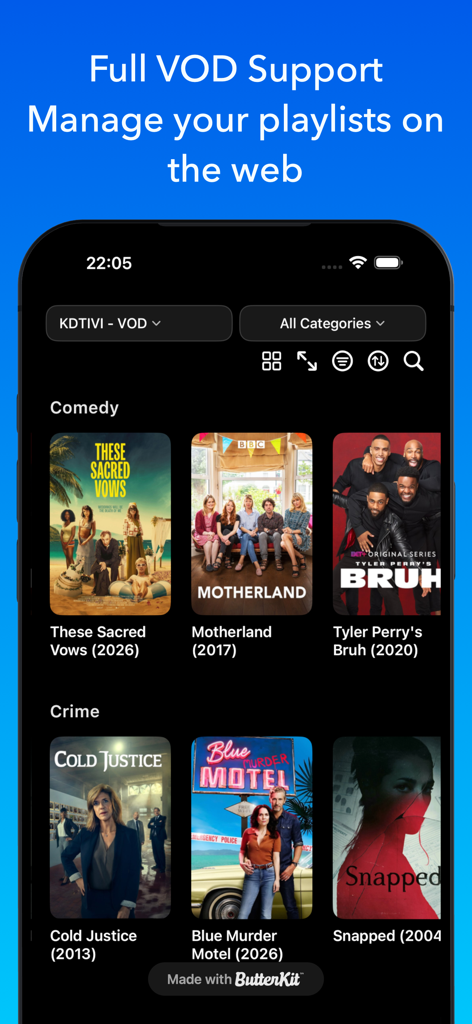 KDTIVI - IPTV, Plex & Stremio - KDTIVI mobile app interface displaying organized movie posters in comedy and crime categories with Video On Demand support.