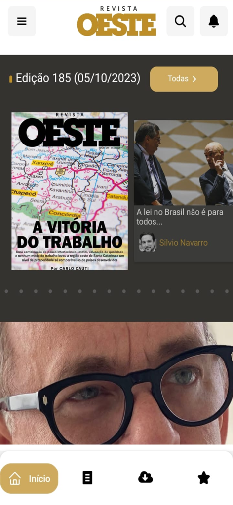 Revista Oeste - Home screen of the Revista Oeste mobile app showing recent magazine editions and news articles about Brazilian politics.