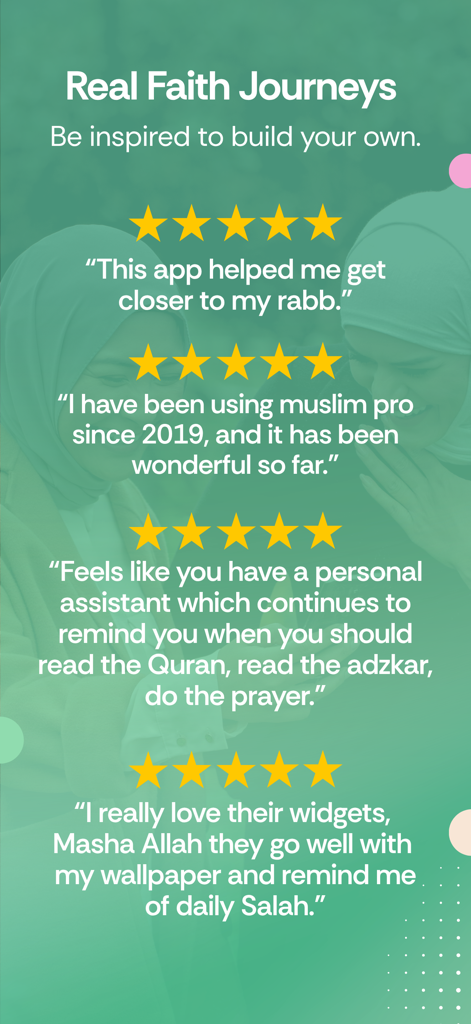 Uma coleção de avaliações de usuários de cinco estrelas para o aplicativo Muslim Pro apresentando depoimentos positivos sob o título Viagens de Fé Reais