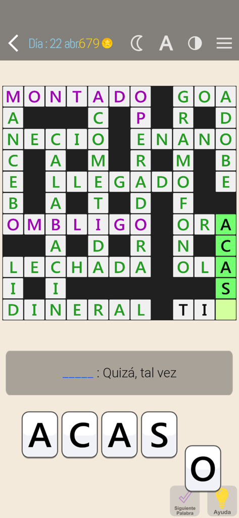 Crucigramas clásicos - Cuadrícula de juego de crucigramas en español mostrando una función de entrada de palabras de anagrama